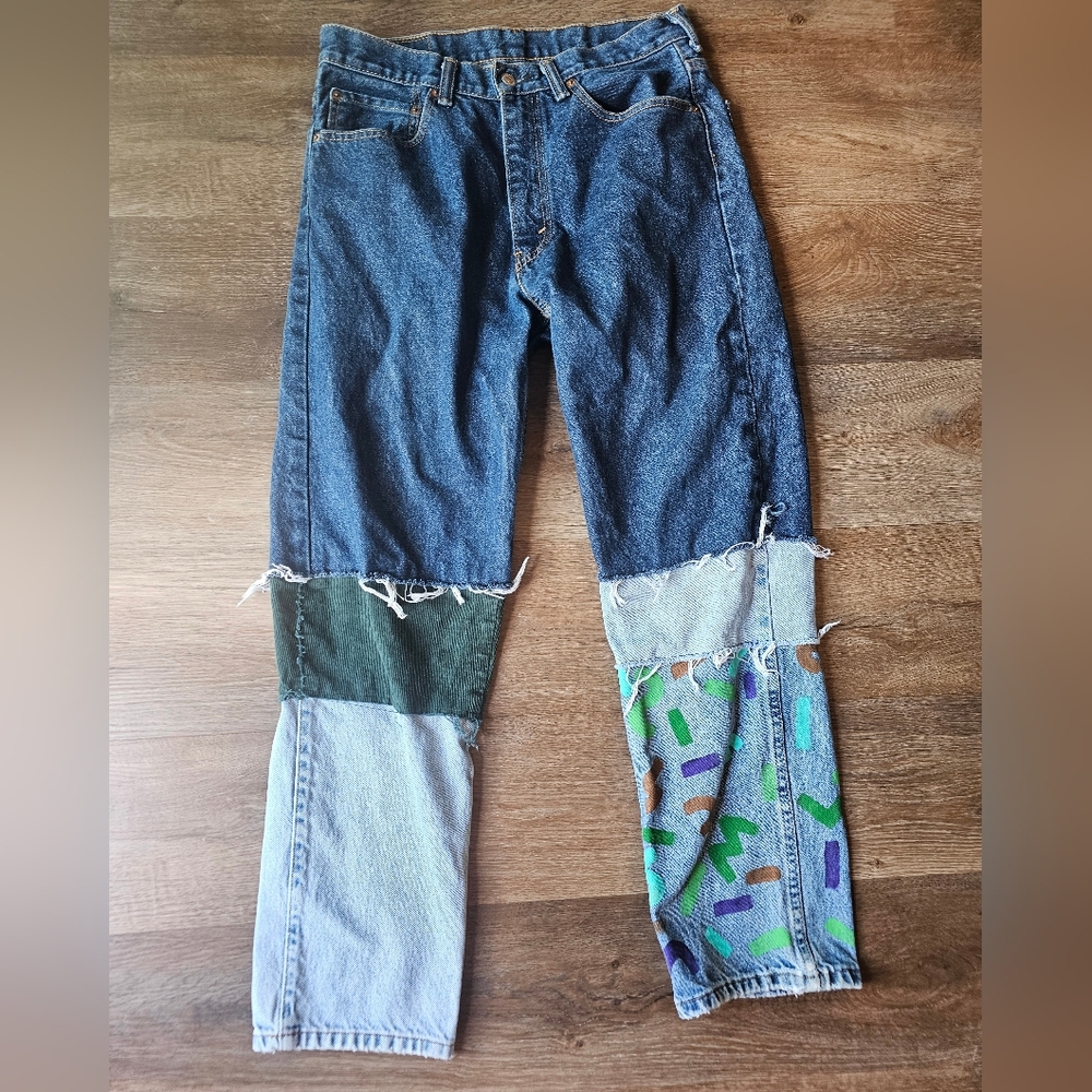 Levi's Straight Jeans in Dark Blue, Light Blue, Green sewn patchwork Men 32x30